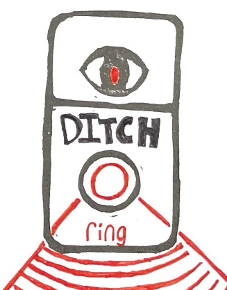 An evil red eye jumps out from a scribbled camera rectangle, with text reading 'ditch ring'.