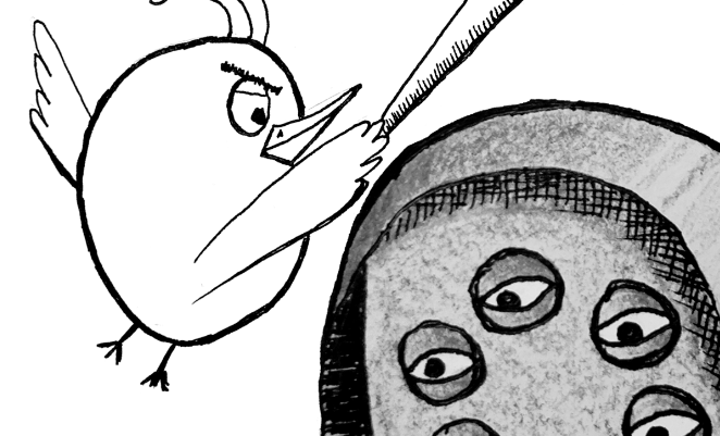 An angry oval-shapee bird flies through the air behind a creepy 6-eyed Flock
camera that looks down and to the left but doesn't see the fowl. The bird is swinging a bat or truncheon at the top of the camera.